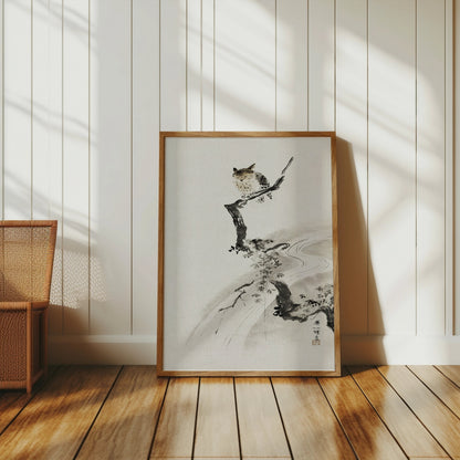 Premium Poster of Japanese Owl Sitting on Branch in Minimalist Art Posters