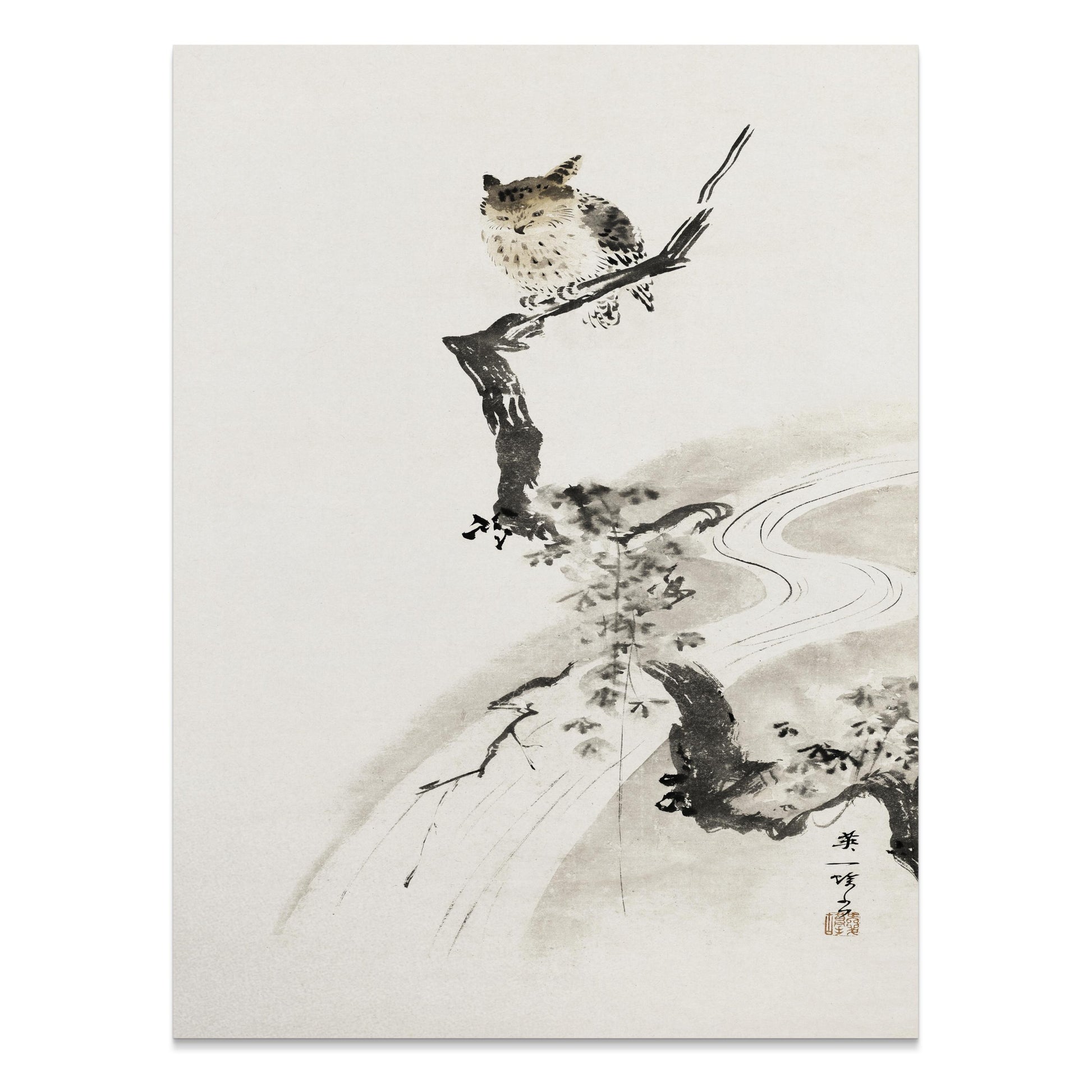 Premium Poster of Japanese Owl Sitting on Branch in Minimalist Art Posters