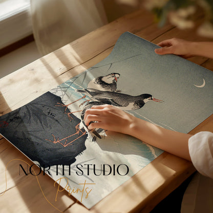 Premium Poster of Japanese Style Seaside Birds Crescent Moon Posters
