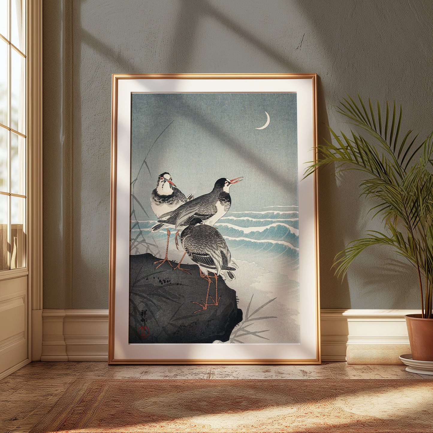 Premium Poster of Japanese Style Seaside Birds Crescent Moon Posters