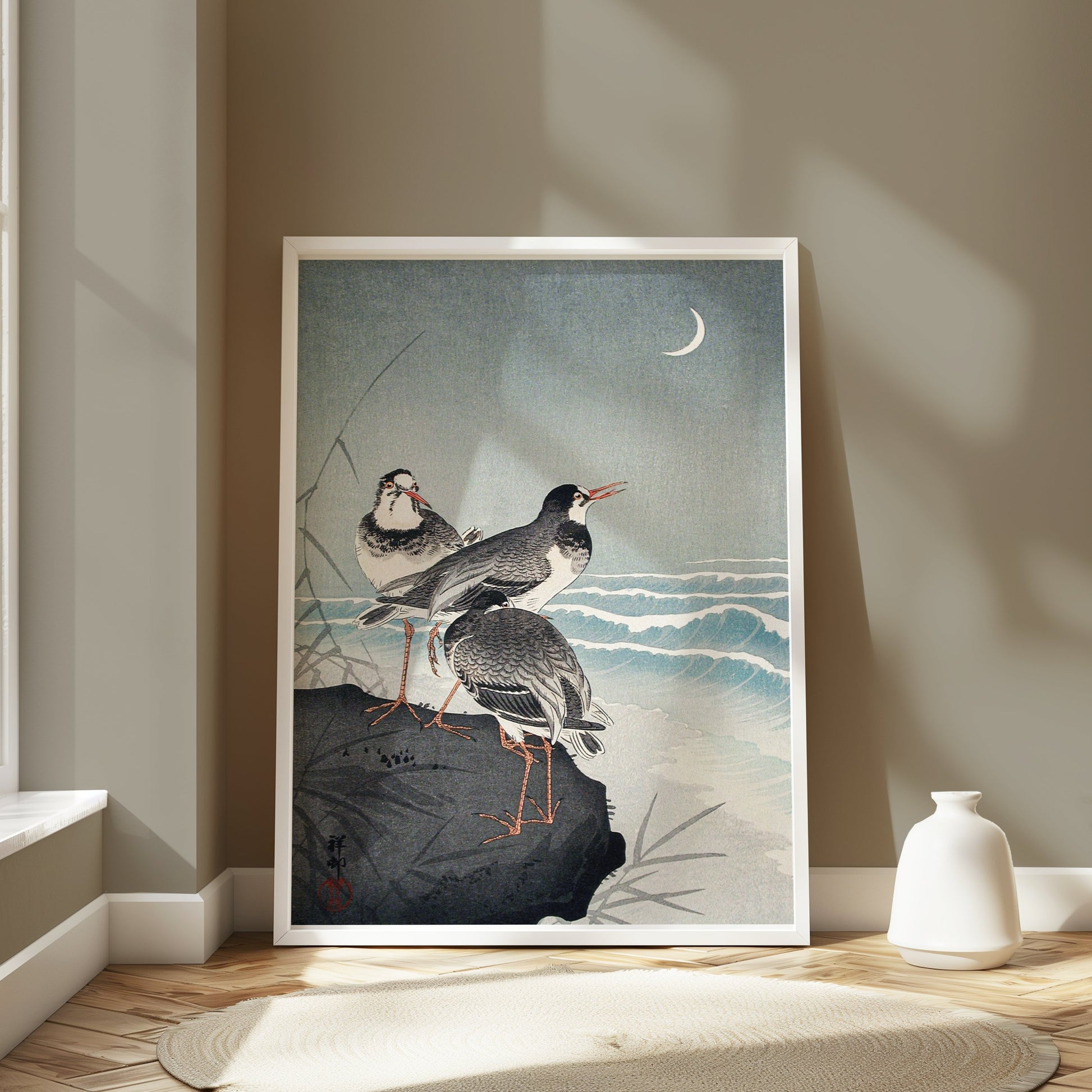 Premium Poster of Japanese Style Seaside Birds Crescent Moon Posters