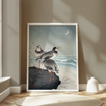 Premium Poster of Japanese Style Seaside Birds Crescent Moon Posters