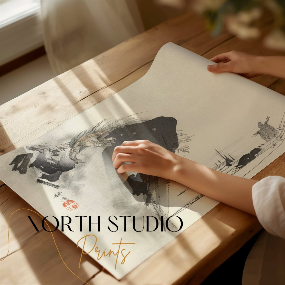 Premium Poster of Japanese Traditional Art Cliffside Turtles Print Posters