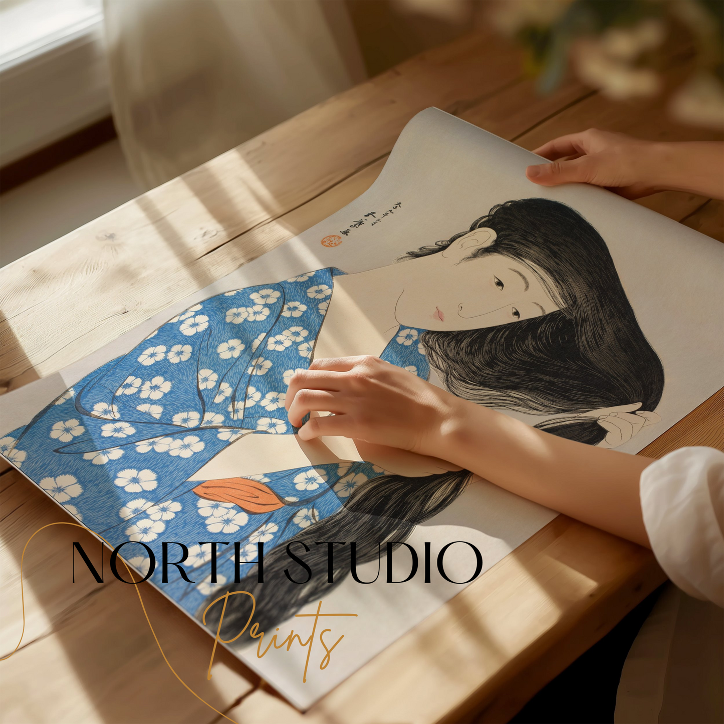 Premium Poster of Japanese Woman Combing Her Long Hair Traditional Art Posters