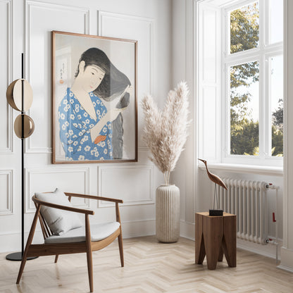 Premium Poster of Japanese Woman Combing Her Long Hair Traditional Art Posters
