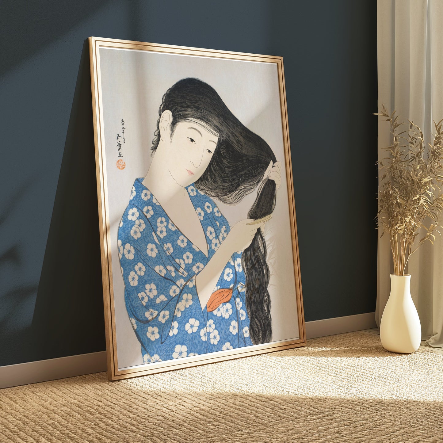 Premium Poster of Japanese Woman Combing Her Long Hair Traditional Art Posters