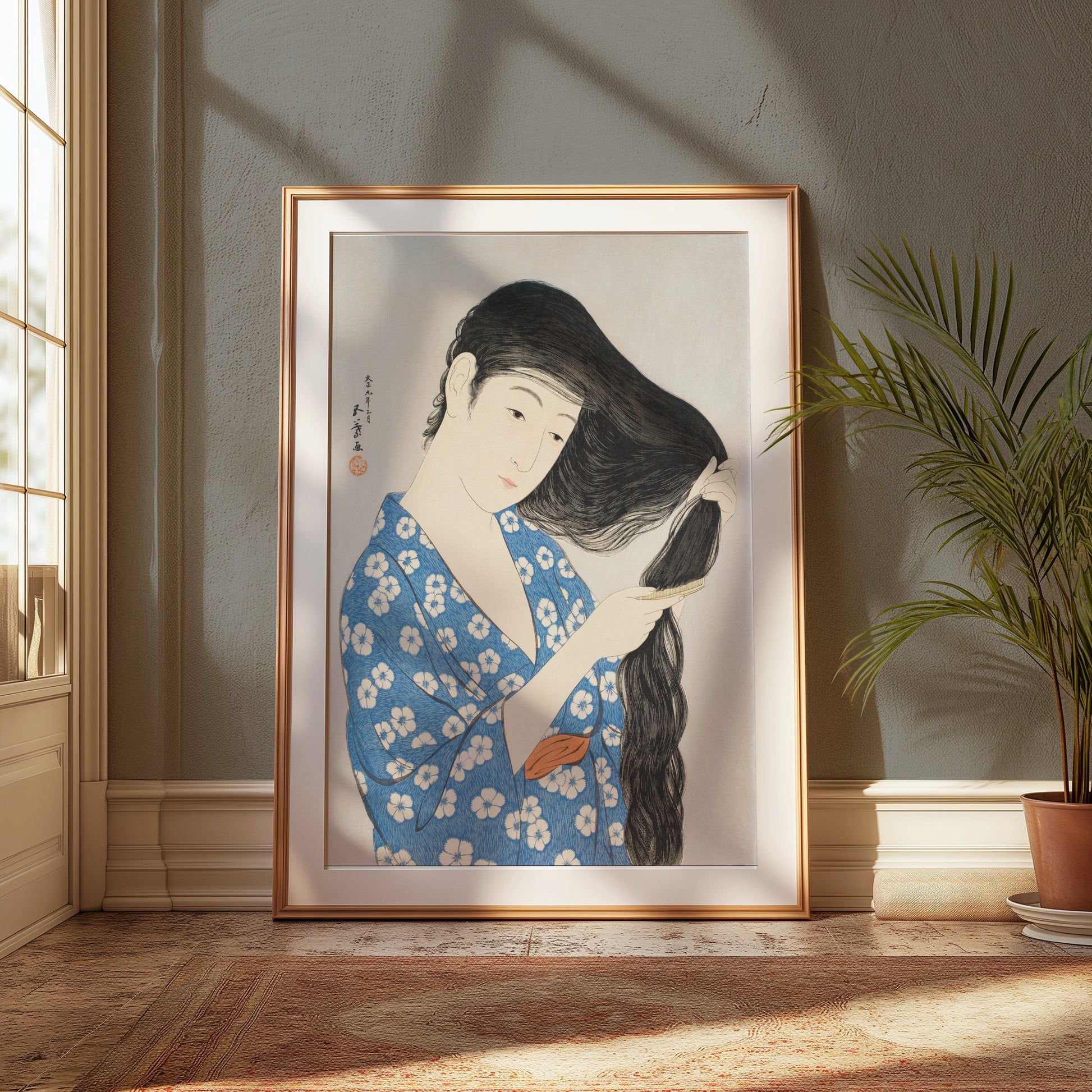 Premium Poster of Japanese Woman Combing Her Long Hair Traditional Art Posters
