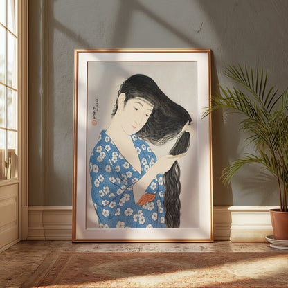 Premium Poster of Japanese Woman Combing Her Long Hair Traditional Art Posters