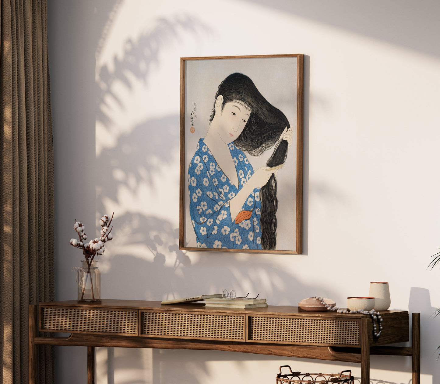 Premium Poster of Japanese Woman Combing Her Long Hair Traditional Art Posters
