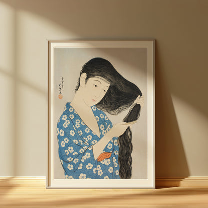 Premium Poster of Japanese Woman Combing Her Long Hair Traditional Art Posters