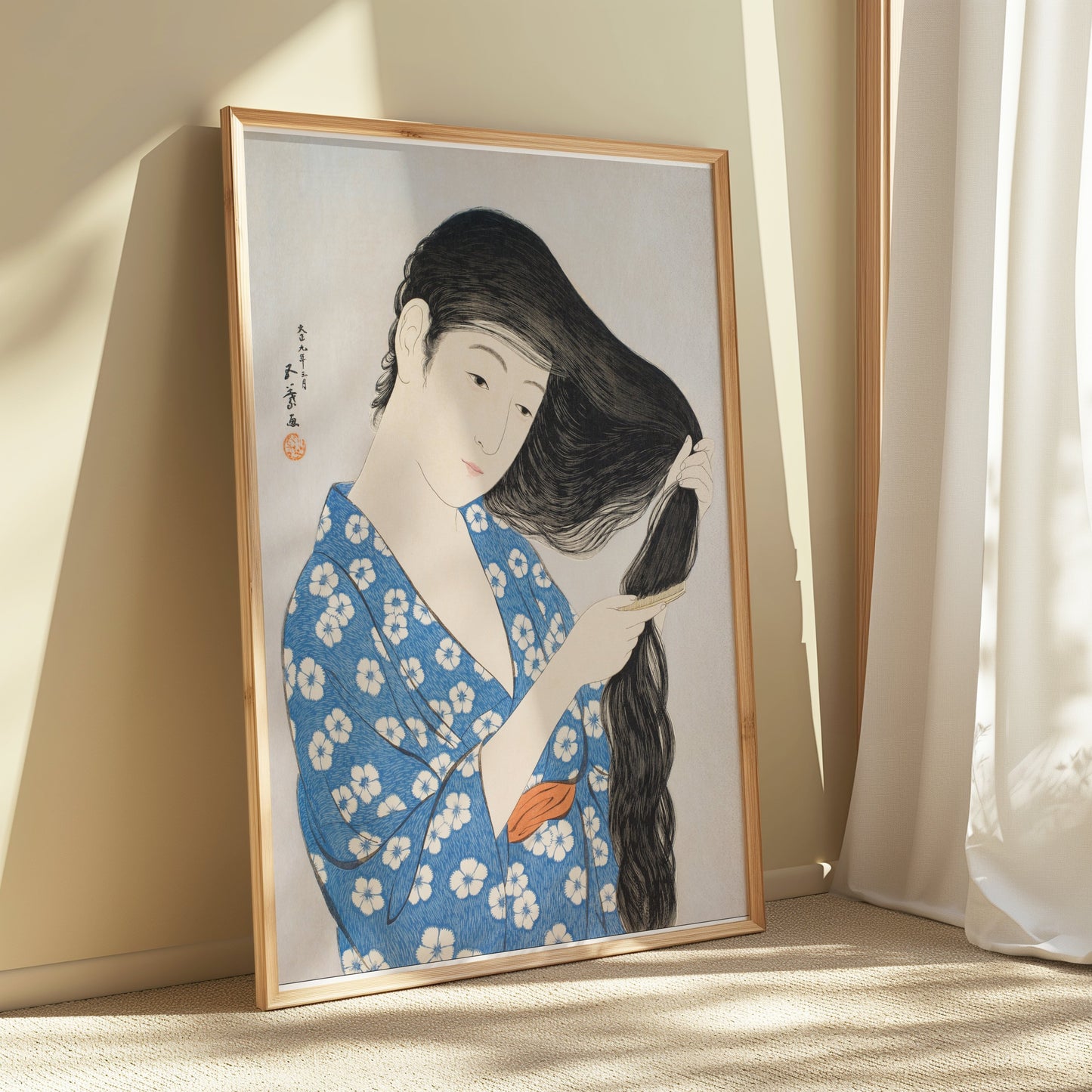 Premium Poster of Japanese Woman Combing Her Long Hair Traditional Art Posters