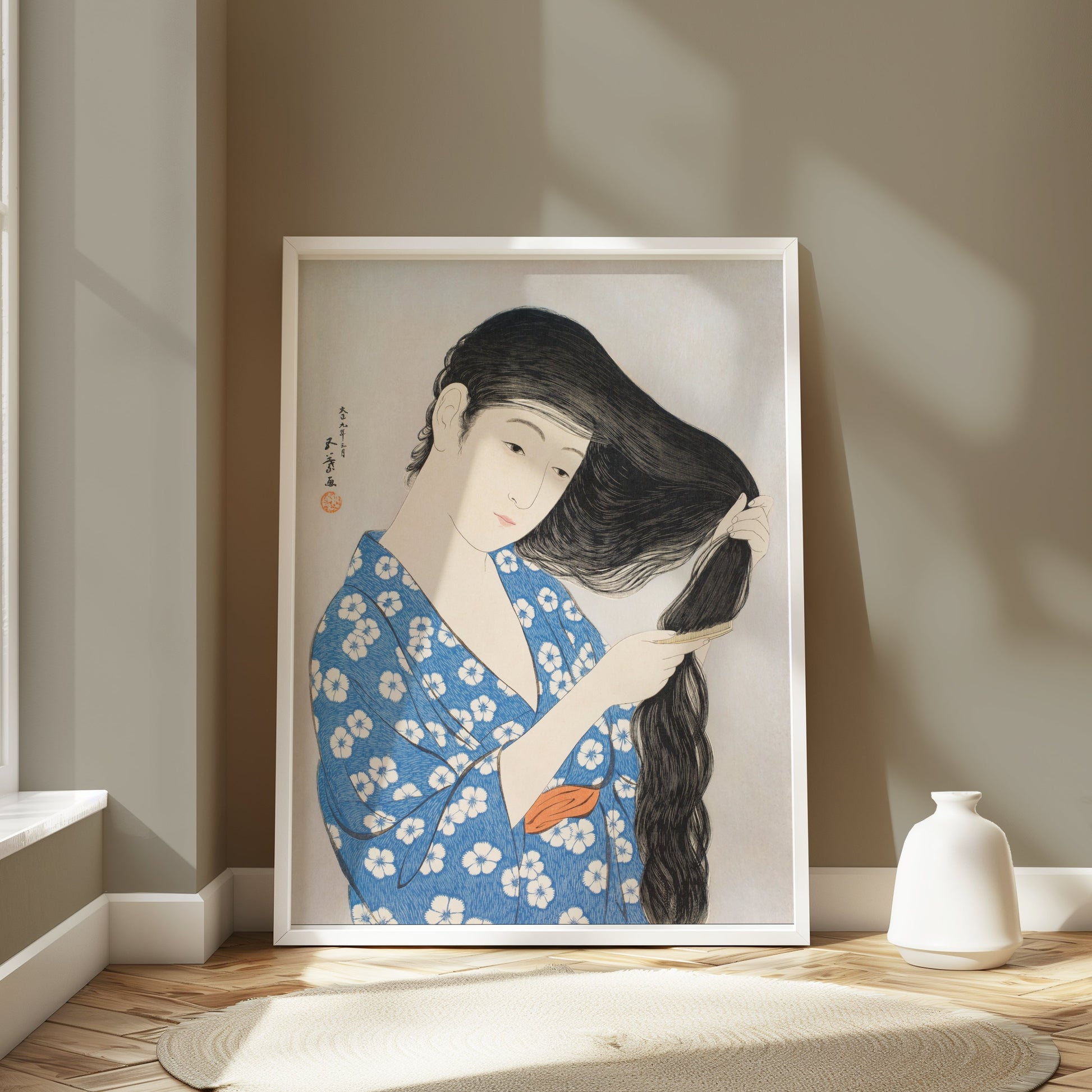 Premium Poster of Japanese Woman Combing Her Long Hair Traditional Art Posters