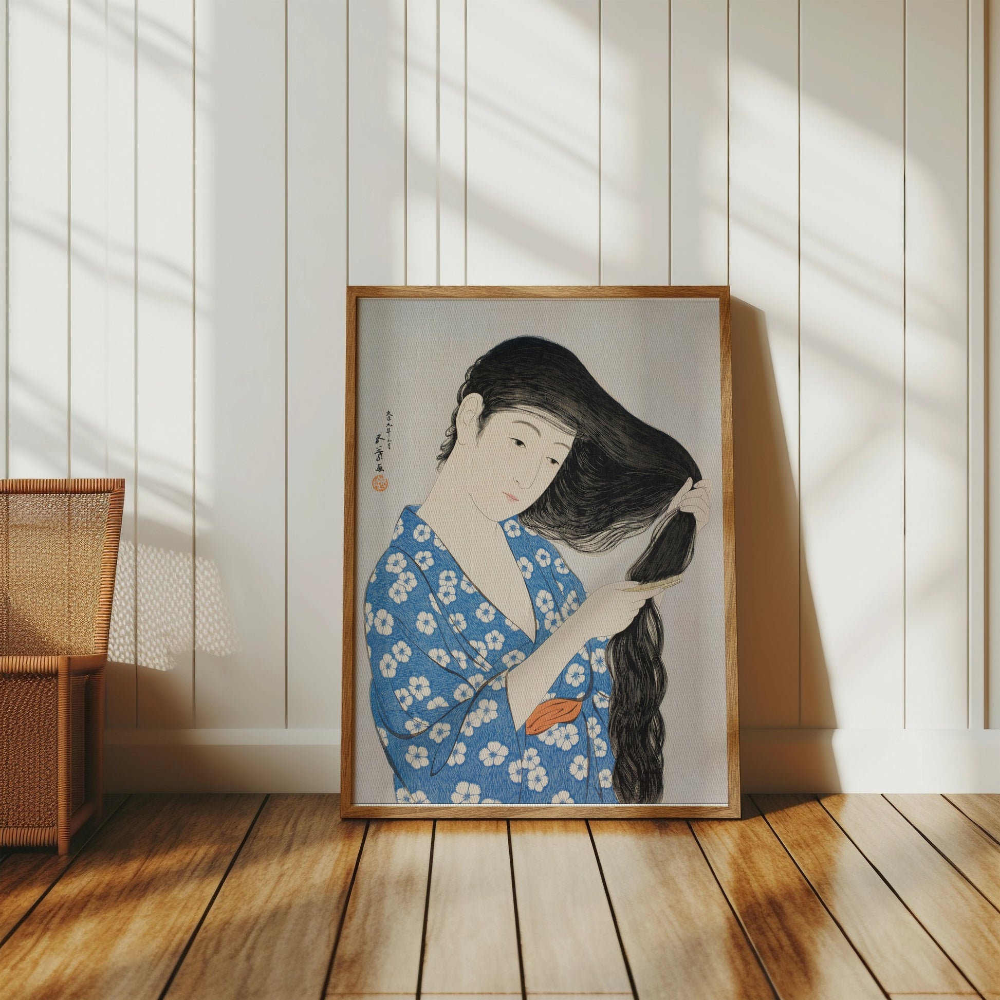 Premium Poster of Japanese Woman Combing Her Long Hair Traditional Art Posters