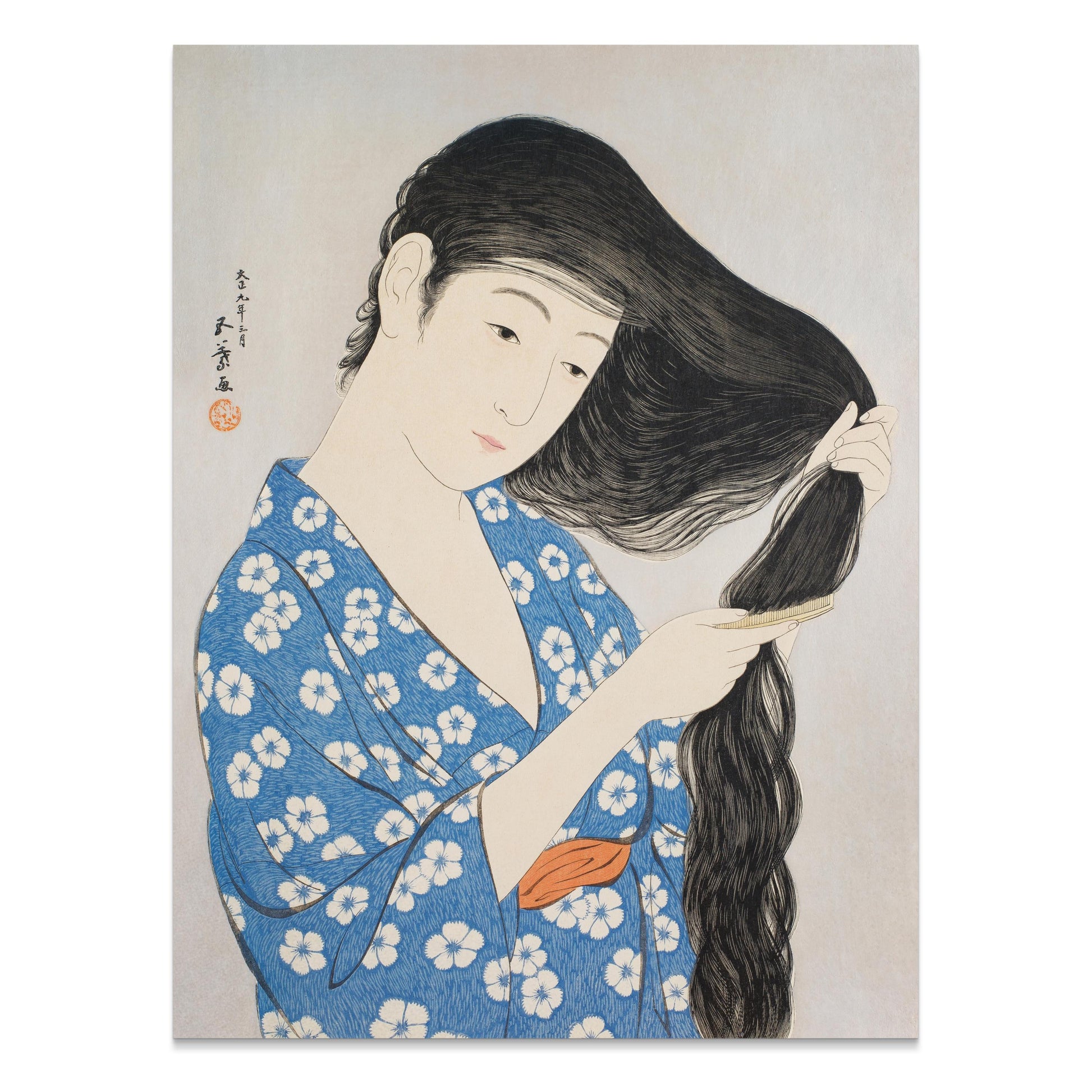 Premium Poster of Japanese Woman Combing Her Long Hair Traditional Art Posters