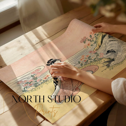 Premium Poster of Japanese girl with flowers by river vintage art Posters
