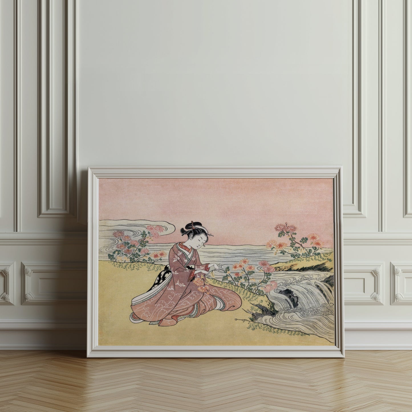 Premium Poster of Japanese girl with flowers by river vintage art Posters