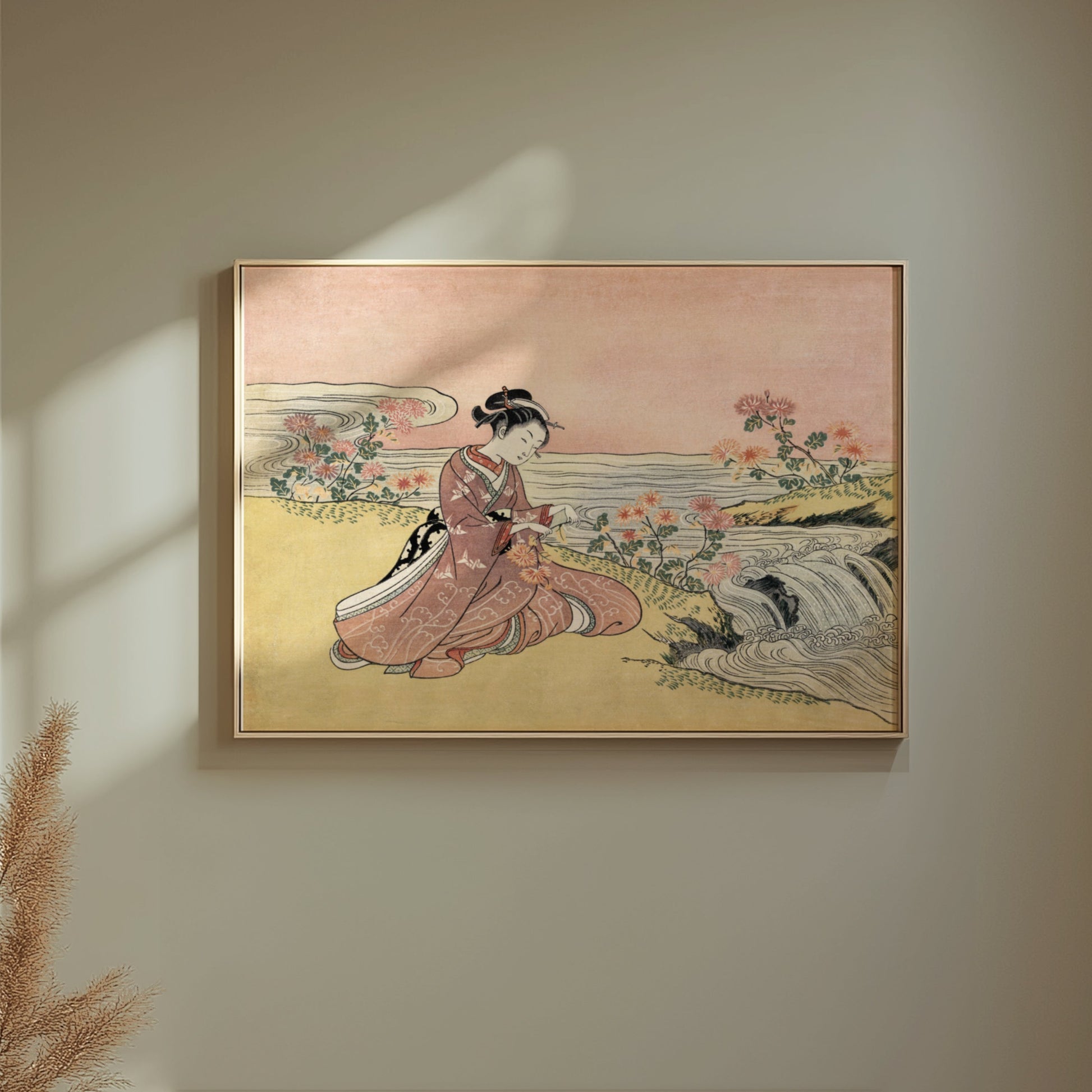 Premium Poster of Japanese girl with flowers by river vintage art Posters
