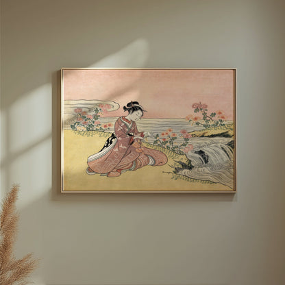 Premium Poster of Japanese girl with flowers by river vintage art Posters