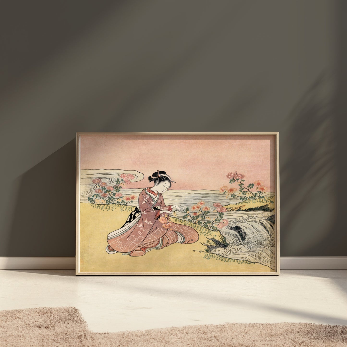 Premium Poster of Japanese girl with flowers by river vintage art Posters