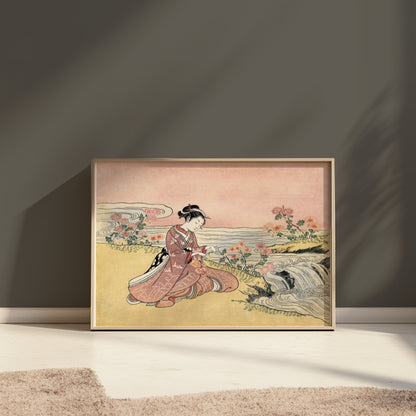 Premium Poster of Japanese girl with flowers by river vintage art Posters