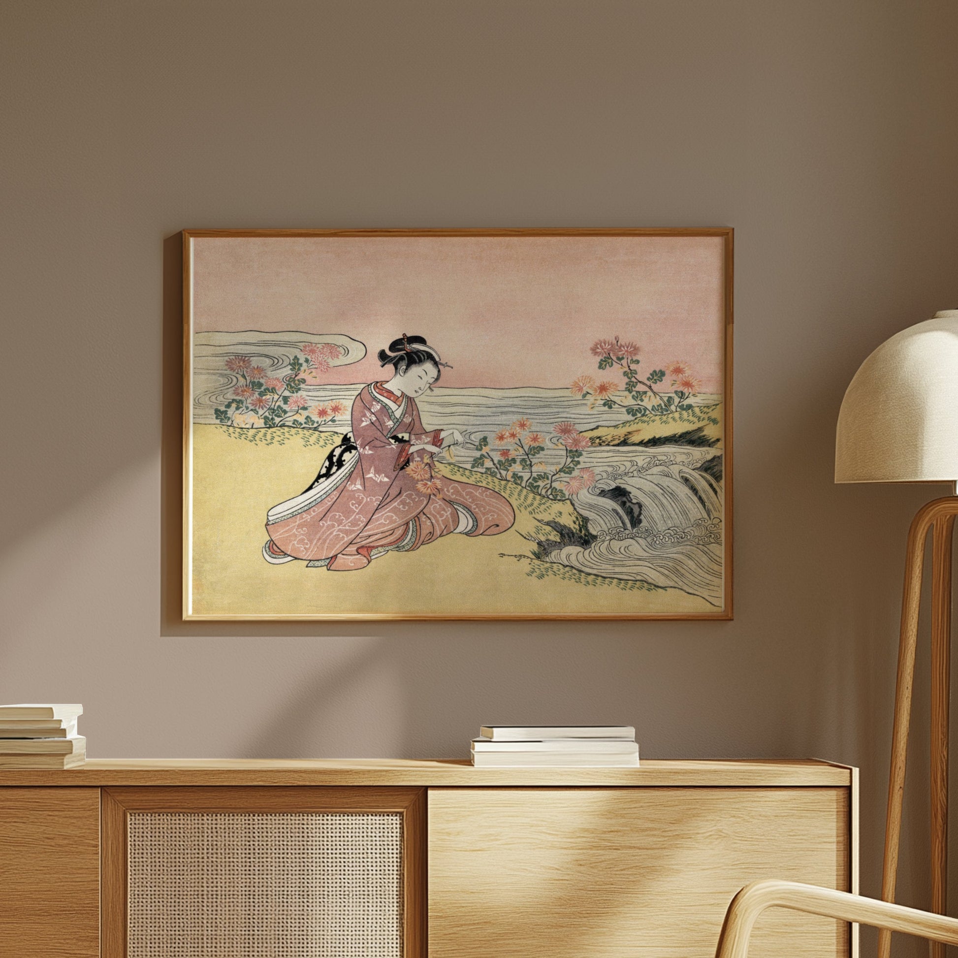 Premium Poster of Japanese girl with flowers by river vintage art Posters
