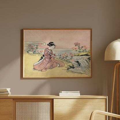Premium Poster of Japanese girl with flowers by river vintage art Posters