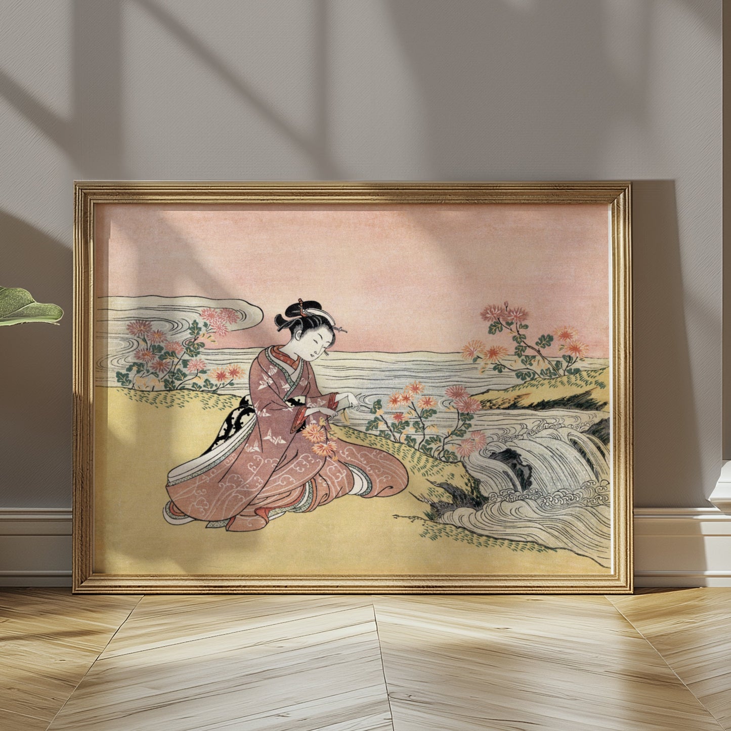 Premium Poster of Japanese girl with flowers by river vintage art Posters