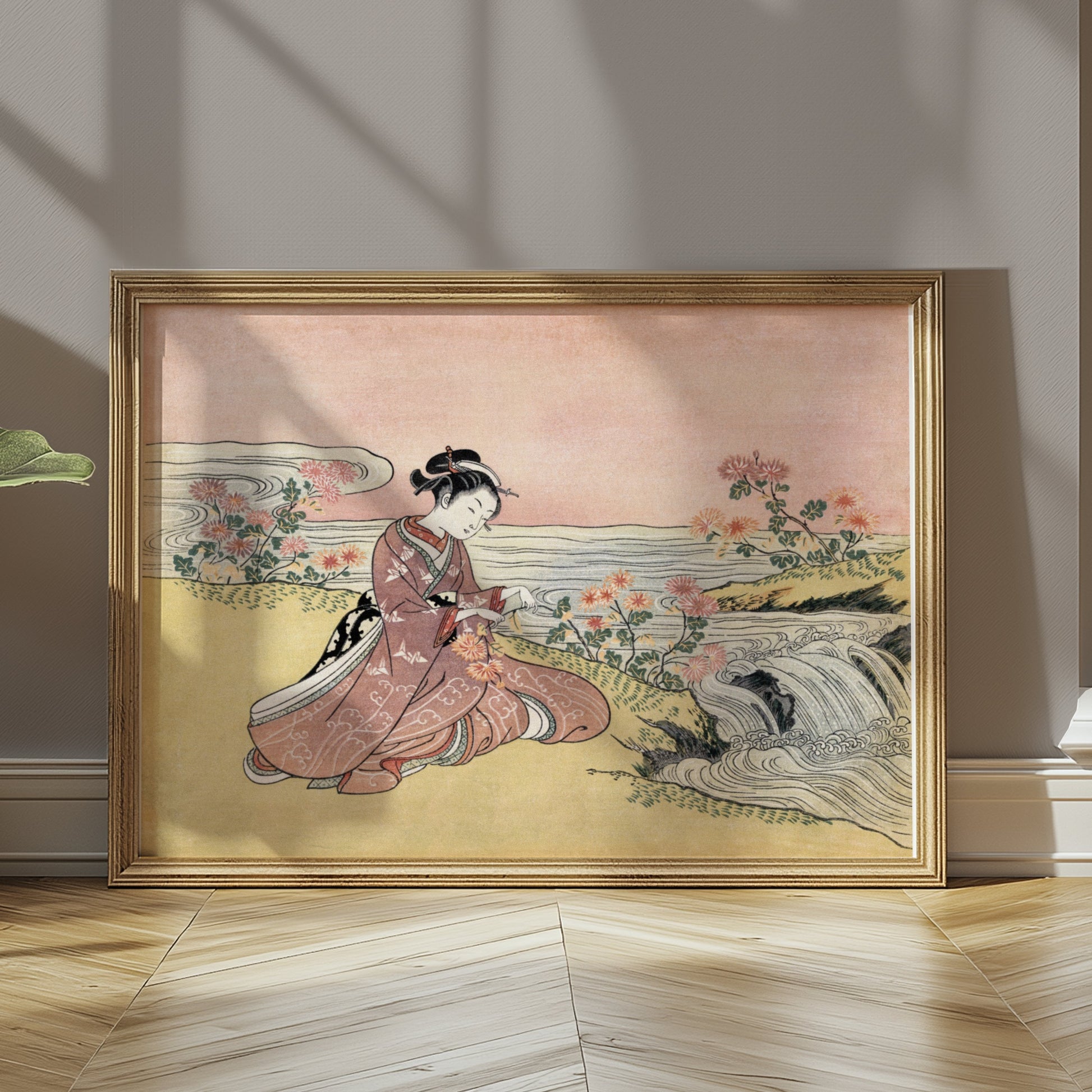 Premium Poster of Japanese girl with flowers by river vintage art Posters