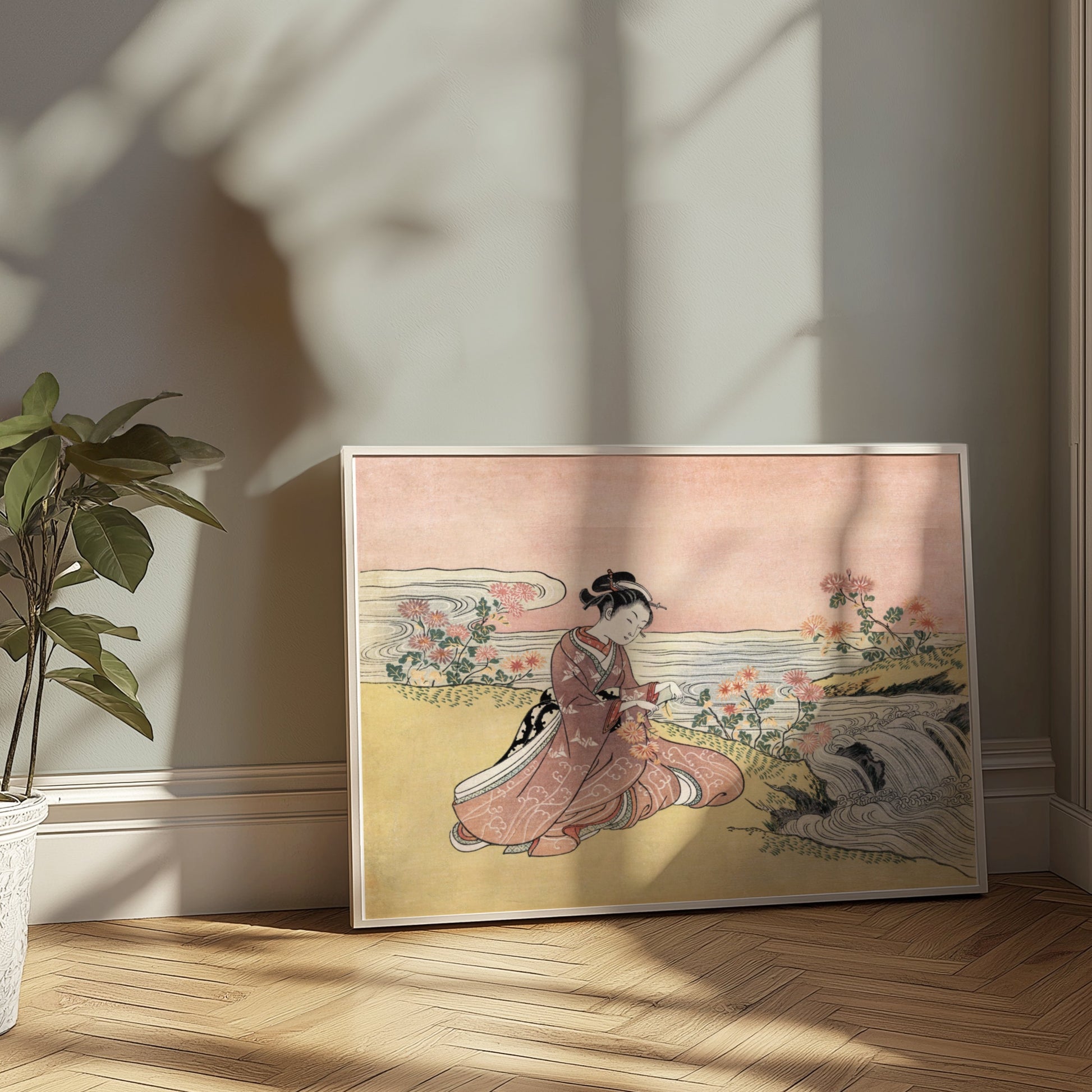 Premium Poster of Japanese girl with flowers by river vintage art Posters