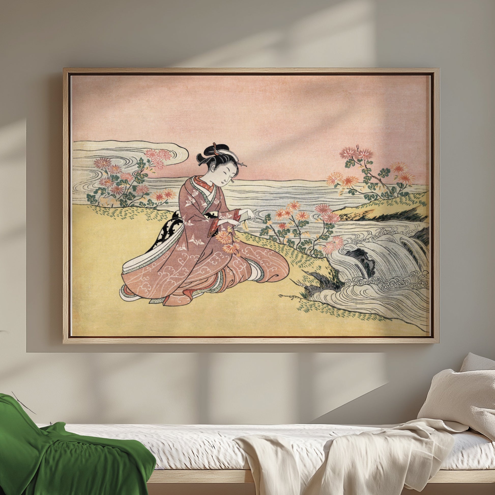 Premium Poster of Japanese girl with flowers by river vintage art Posters