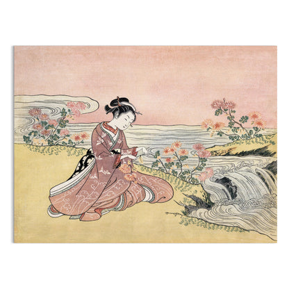 Premium Poster of Japanese girl with flowers by river vintage art Posters