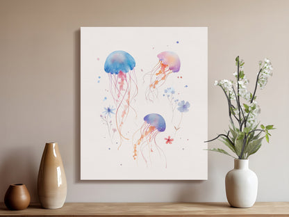 Premium Poster of Jellyfish and Floral Nursery Art Canvas Wraps