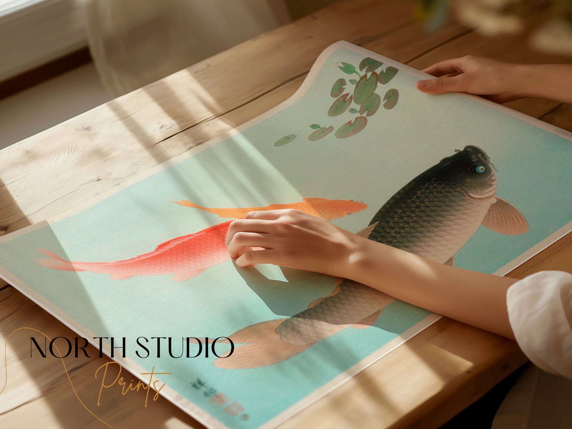 Premium Poster of Koi Fish in Tranquil Pond with Lily Pads Posters