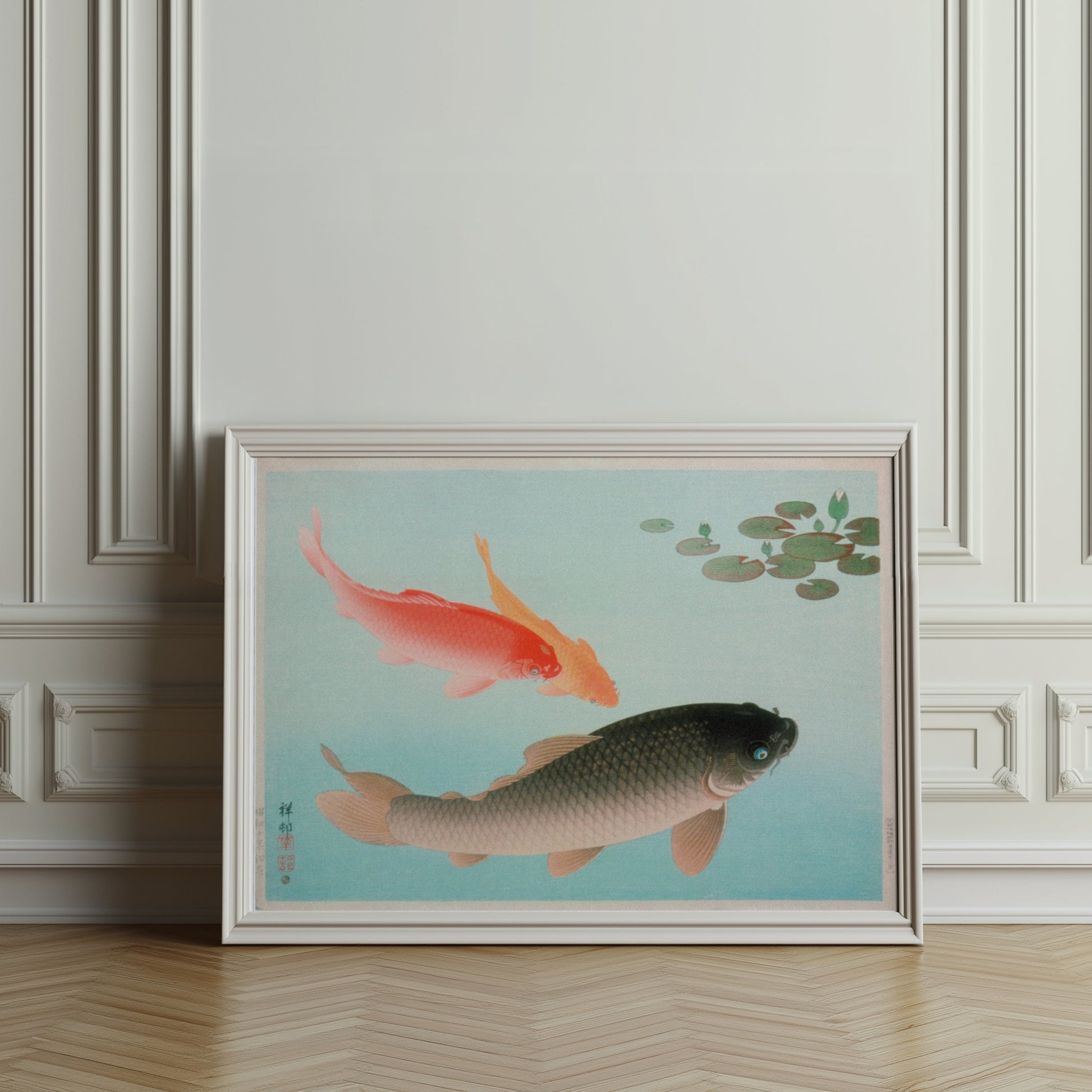 Premium Poster of Koi Fish in Tranquil Pond with Lily Pads Posters