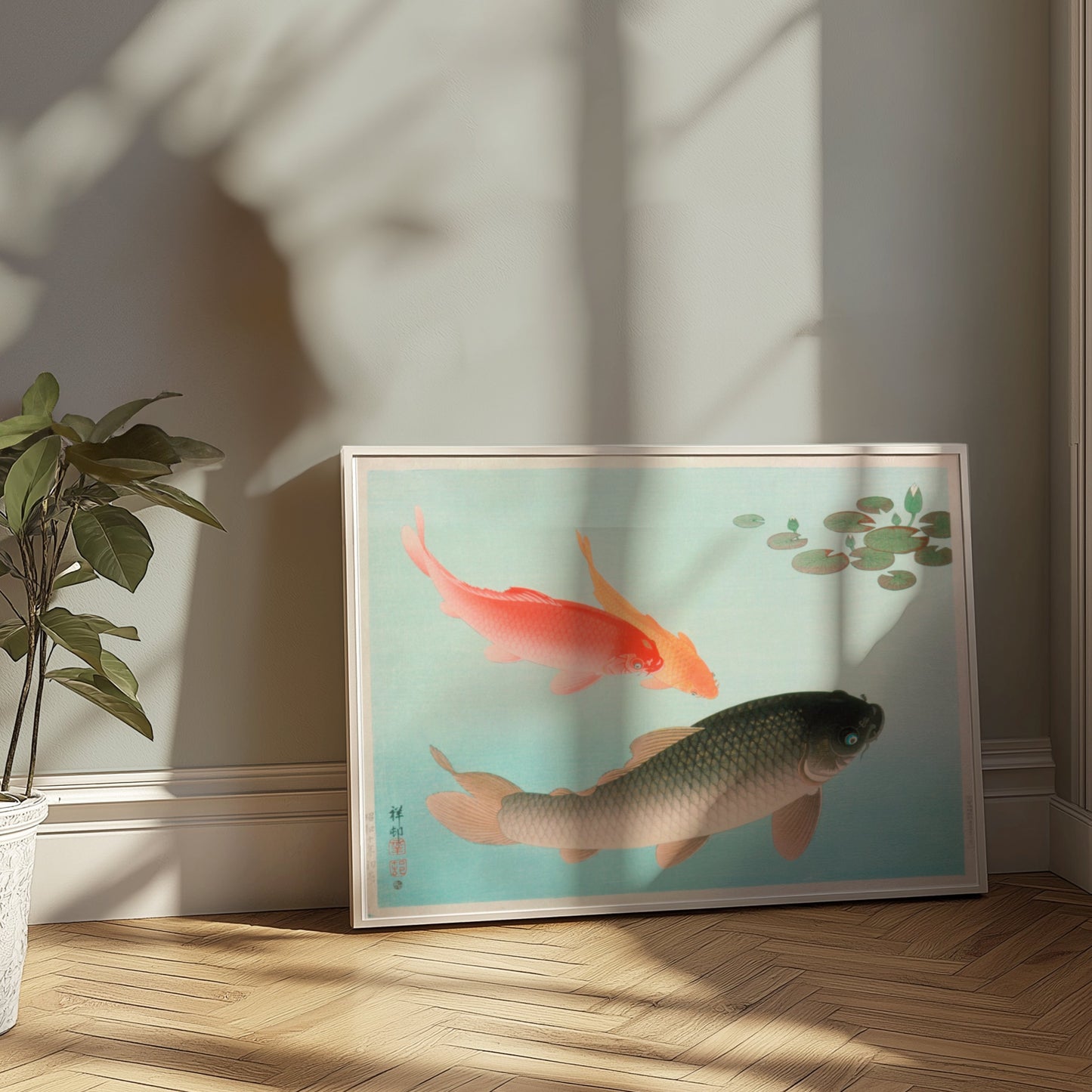 Premium Poster of Koi Fish in Tranquil Pond with Lily Pads Posters