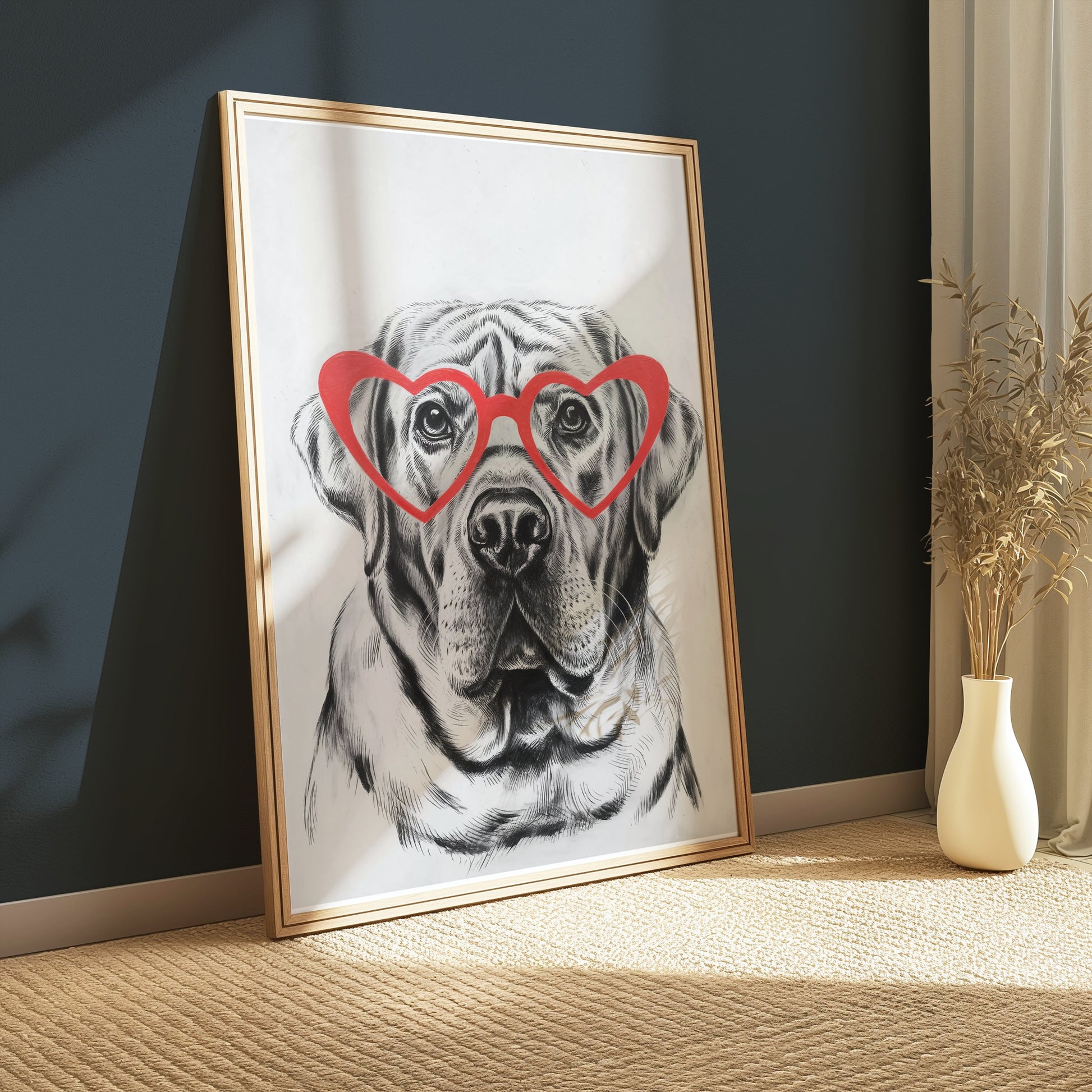 Premium Poster of Labrador Dog with Red Heart Glasses Art Print Posters