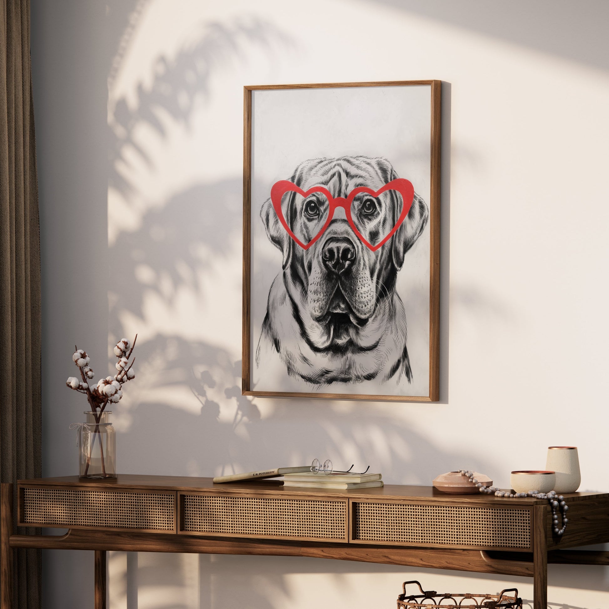 Premium Poster of Labrador Dog with Red Heart Glasses Art Print Posters