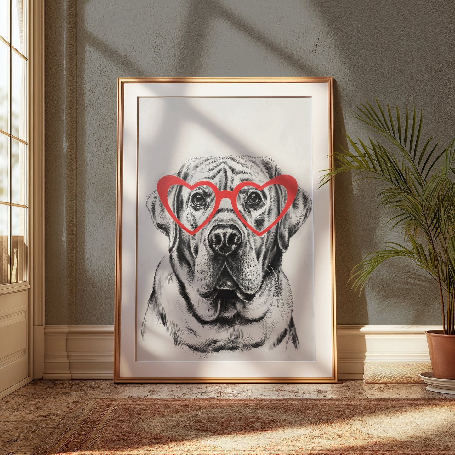 Premium Poster of Labrador Dog with Red Heart Glasses Art Print Posters