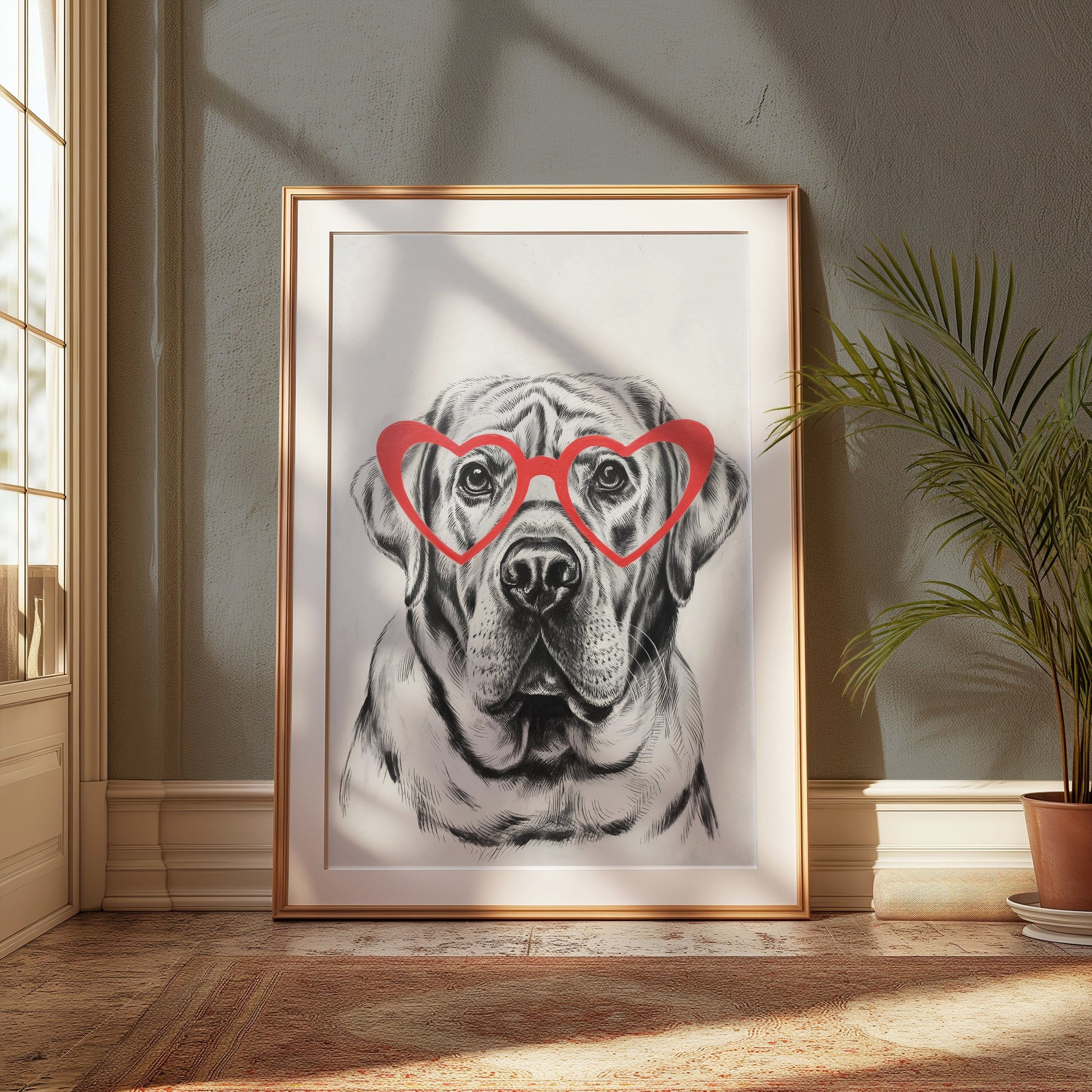 Premium Poster of Labrador Dog with Red Heart Glasses Art Print Posters