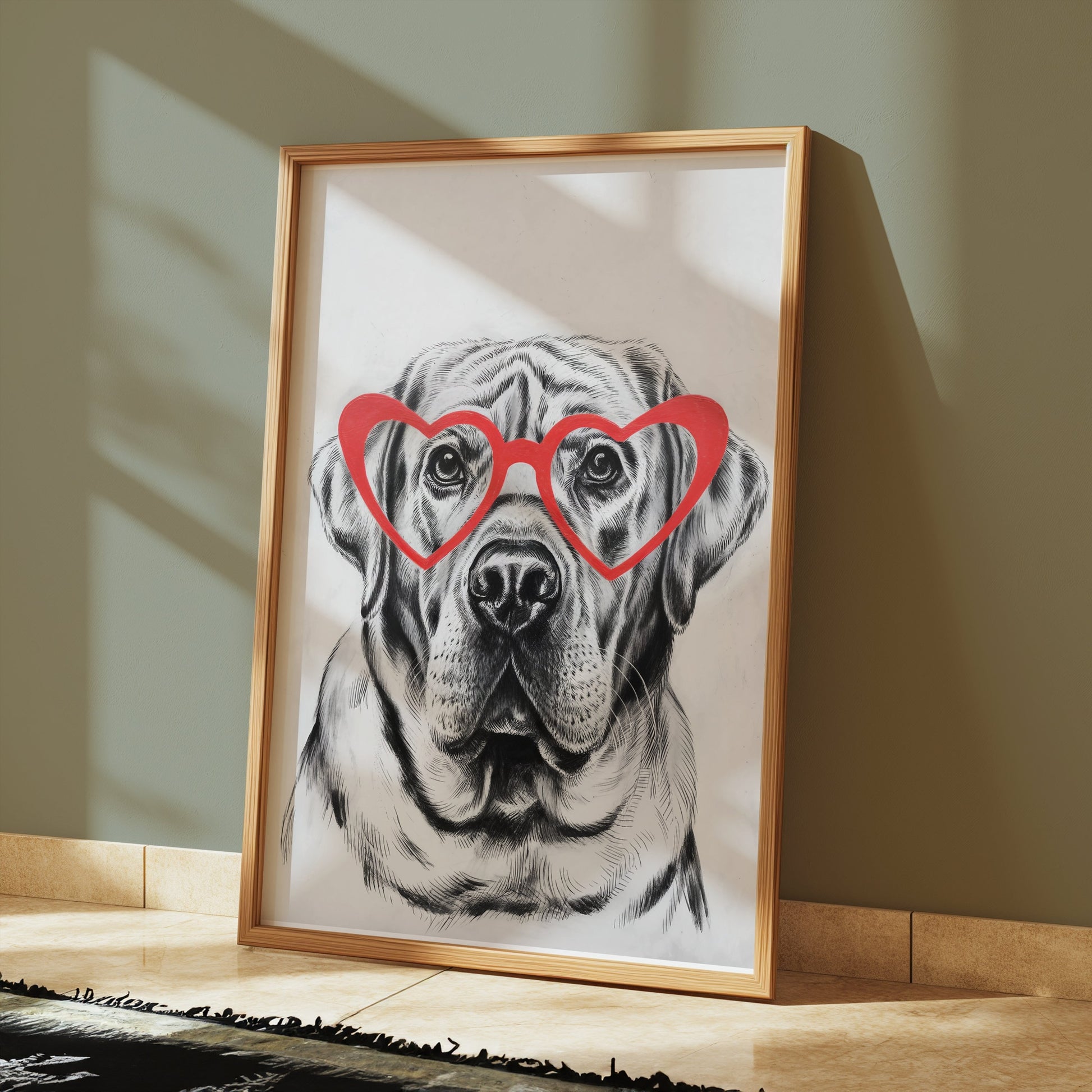 Premium Poster of Labrador Dog with Red Heart Glasses Art Print Posters