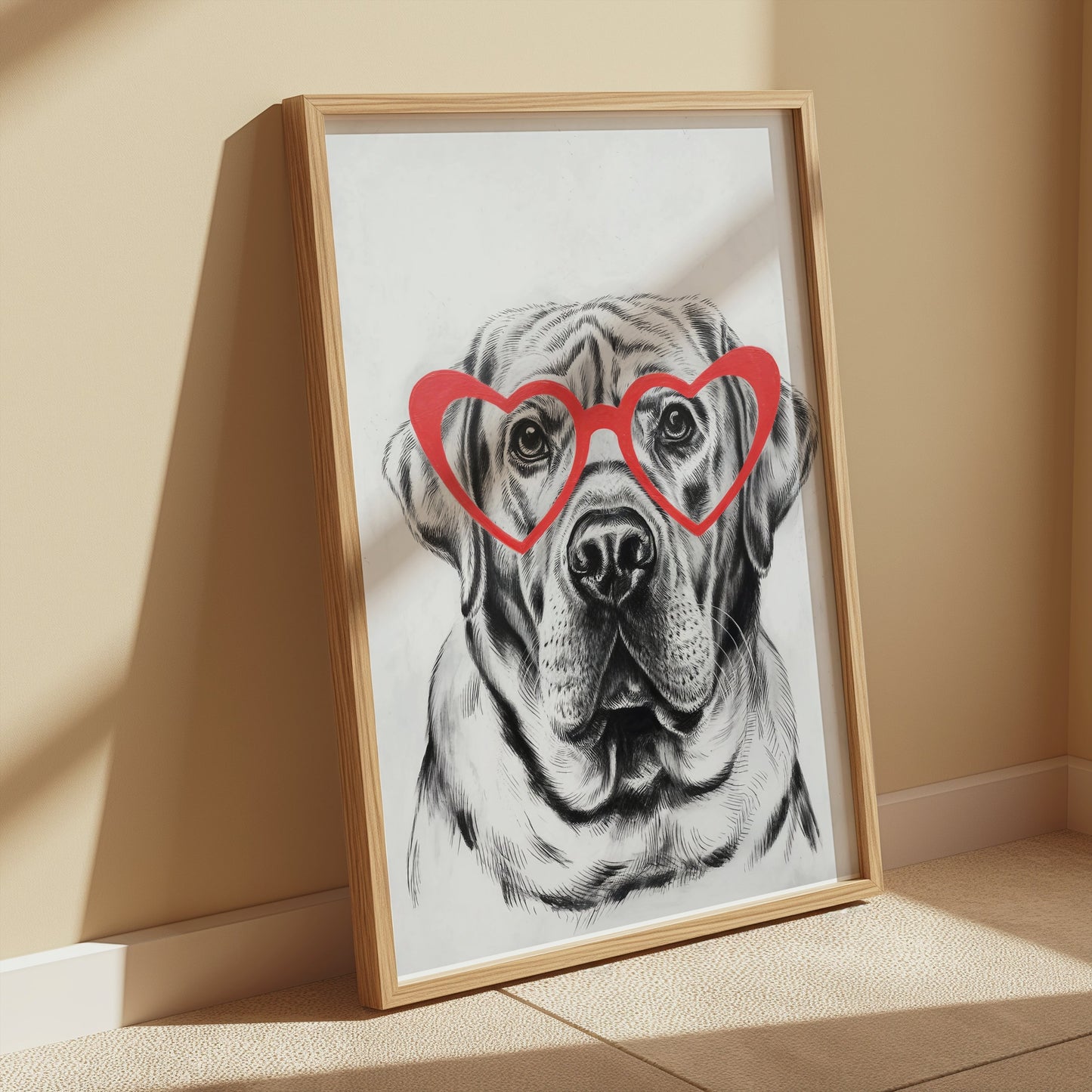 Premium Poster of Labrador Dog with Red Heart Glasses Art Print Posters