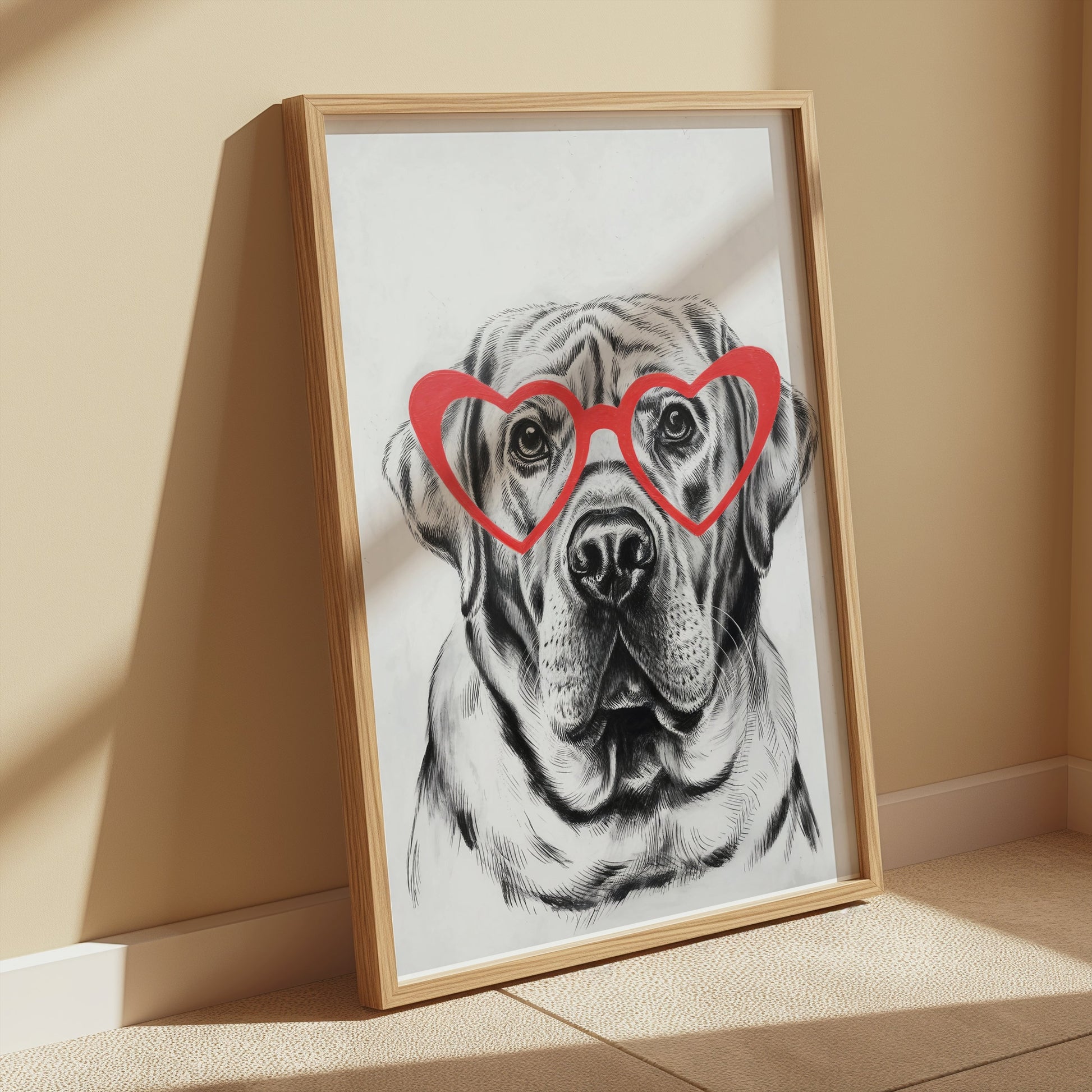 Premium Poster of Labrador Dog with Red Heart Glasses Art Print Posters
