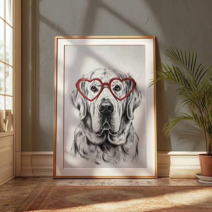 Premium Poster of Labrador Retriever with Red Heart Glasses Posters
