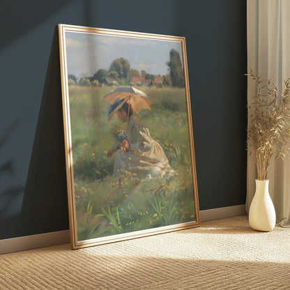 Premium Poster of Lady in Field with Umbrella Beautiful Posters