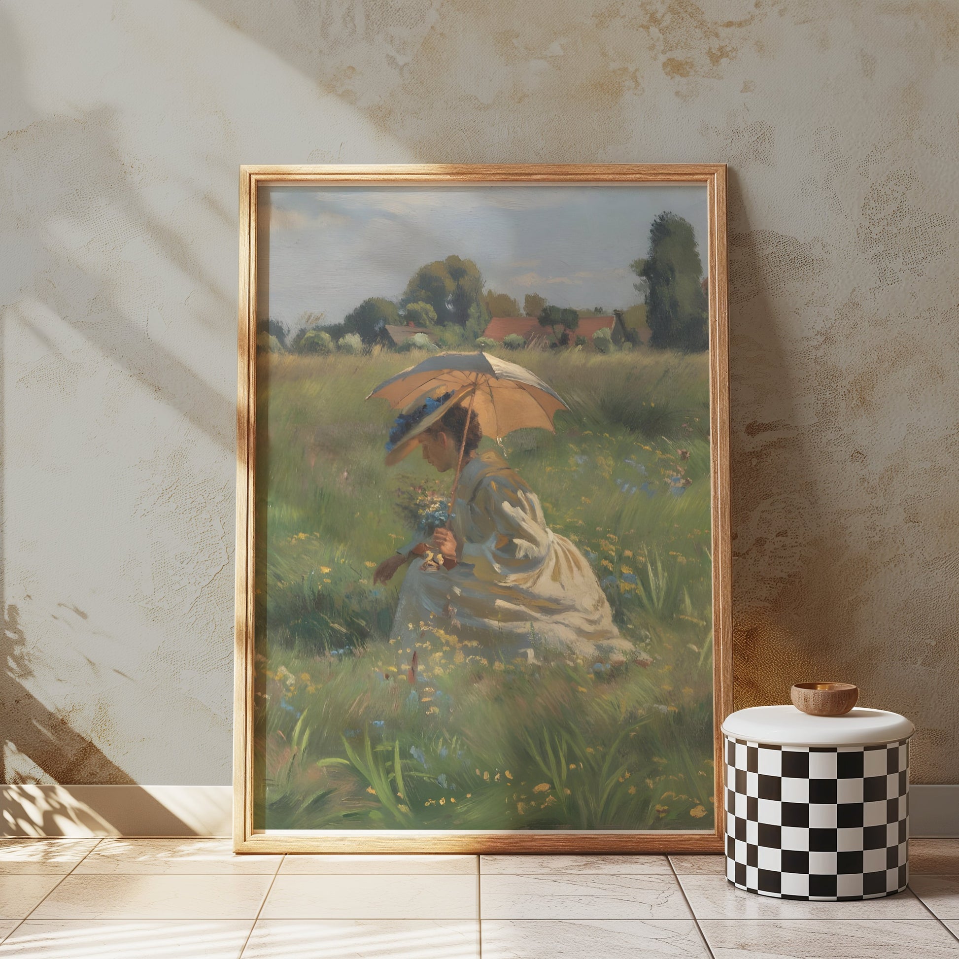 Premium Poster of Lady in Field with Umbrella Beautiful Posters