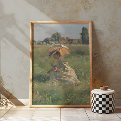 Premium Poster of Lady in Field with Umbrella Beautiful Posters
