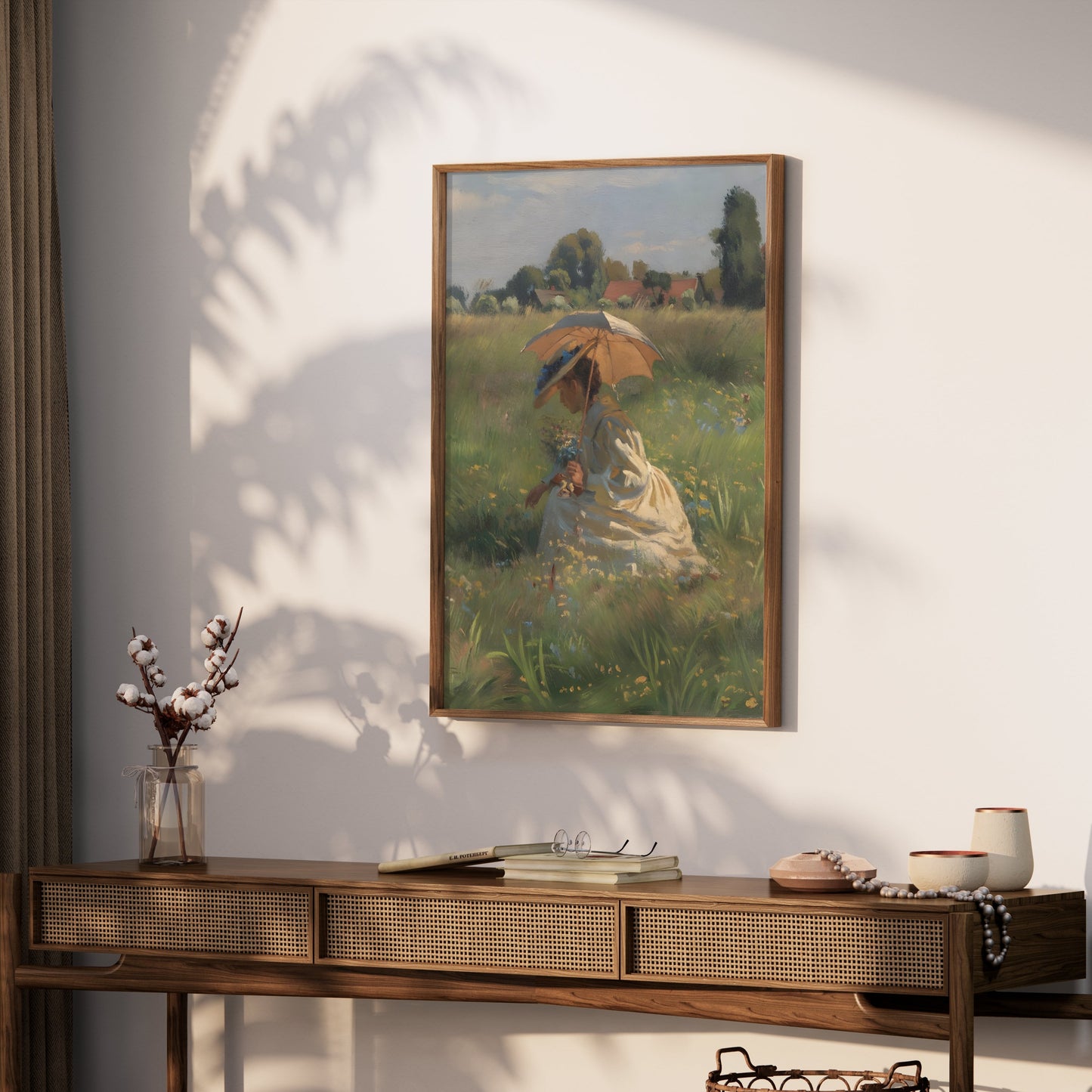 Premium Poster of Lady in Field with Umbrella Beautiful Posters