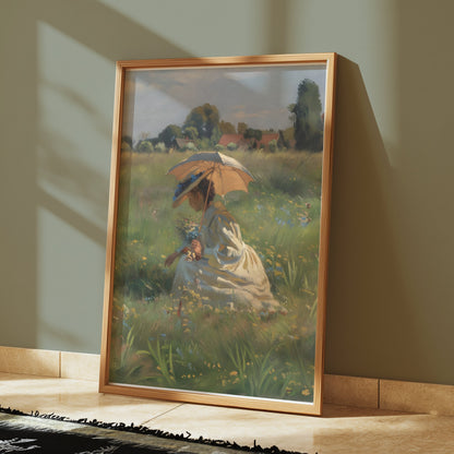 Premium Poster of Lady in Field with Umbrella Beautiful Posters
