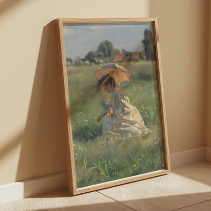 Premium Poster of Lady in Field with Umbrella Beautiful Posters