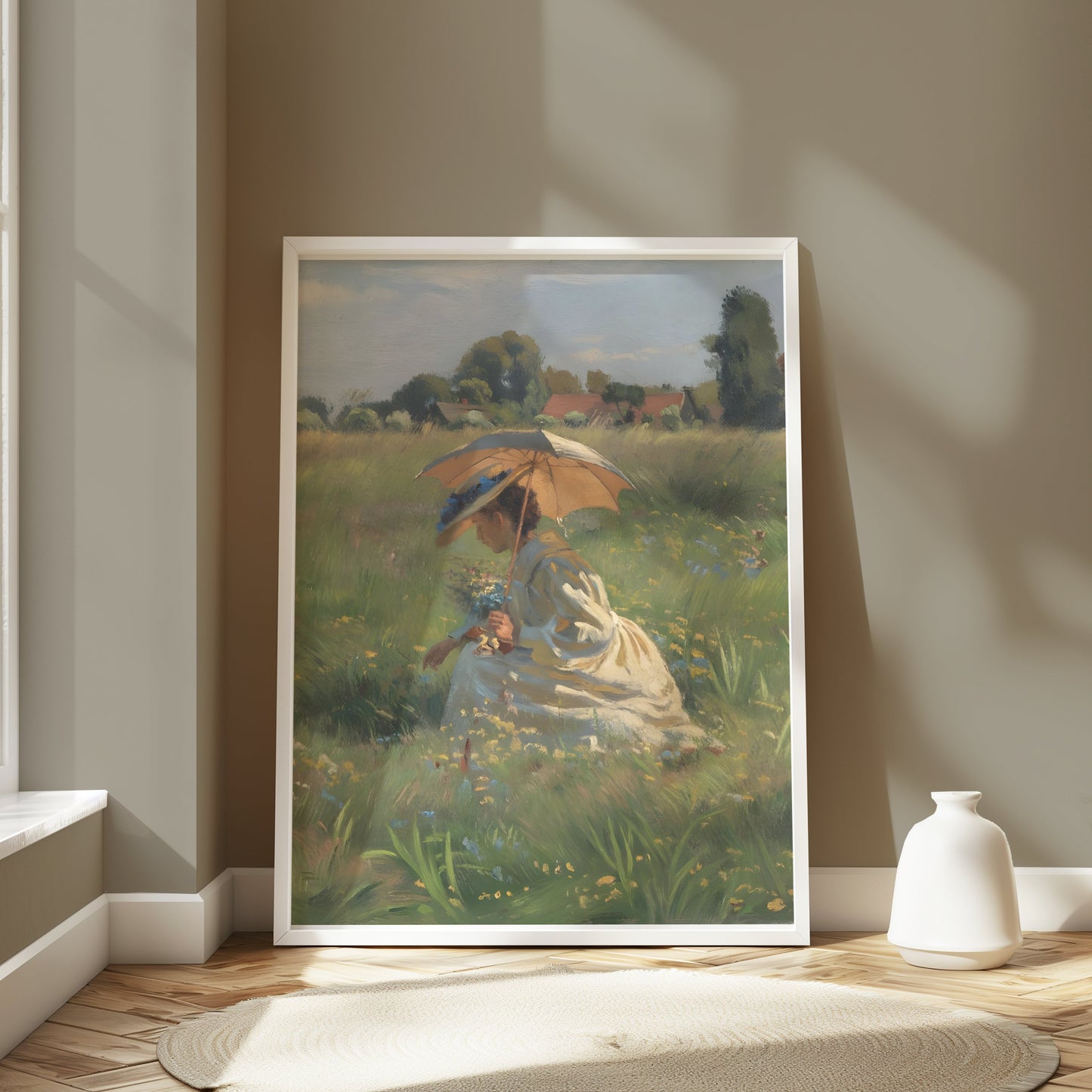 Premium Poster of Lady in Field with Umbrella Beautiful Posters